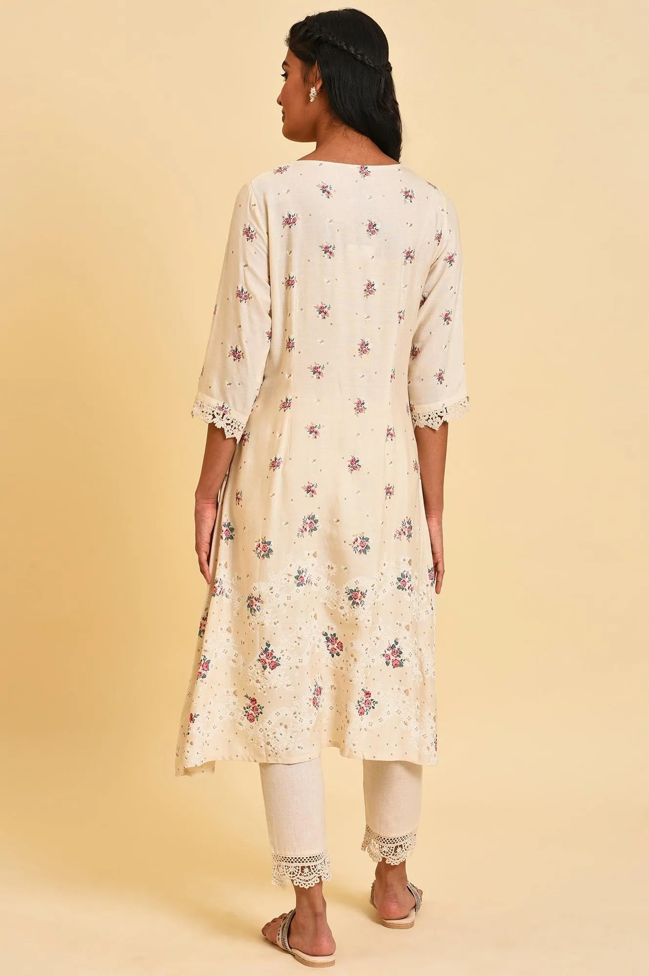 Ecru Glitter Floral Print Mix Plus Size kurta