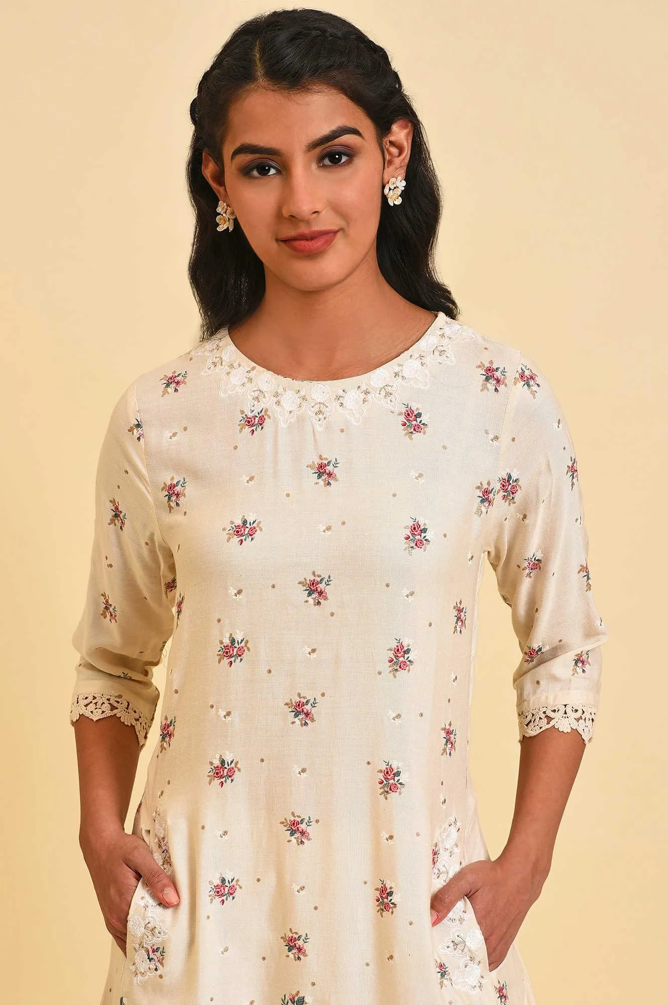 Ecru Glitter Floral Print Mix Plus Size kurta