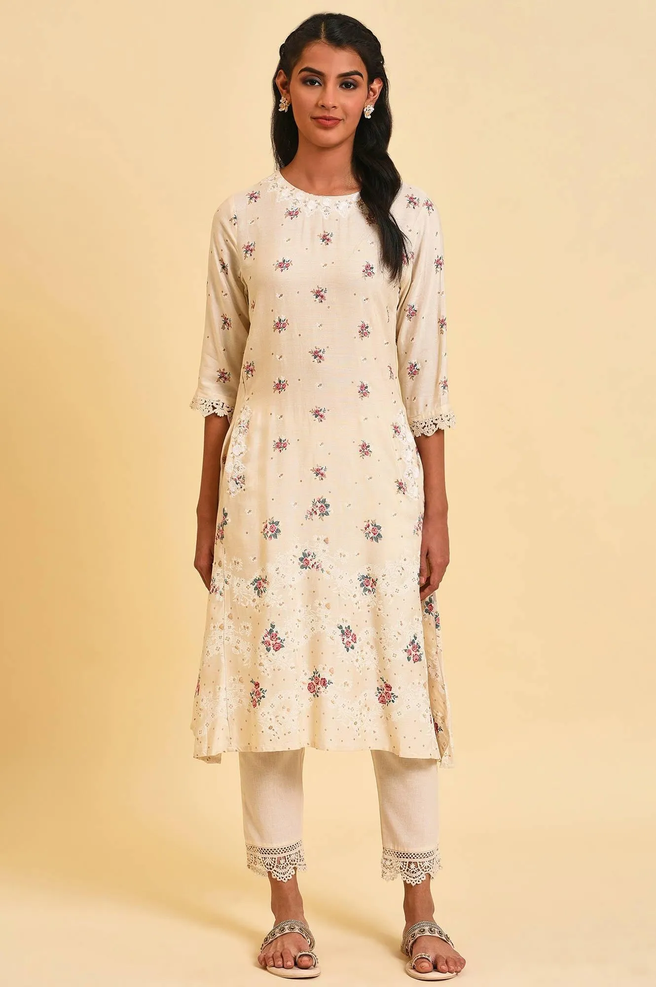 Ecru Glitter Floral Print Mix Plus Size kurta