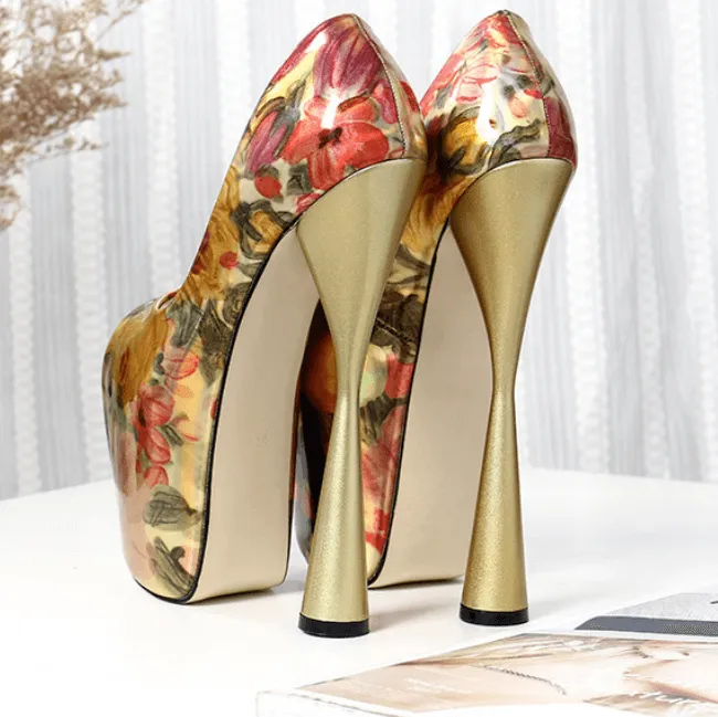 Fashion Flower Print Peep Toe PU Platform Pumps