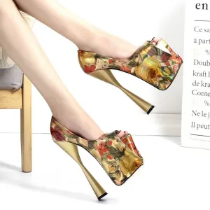 Fashion Flower Print Peep Toe PU Platform Pumps