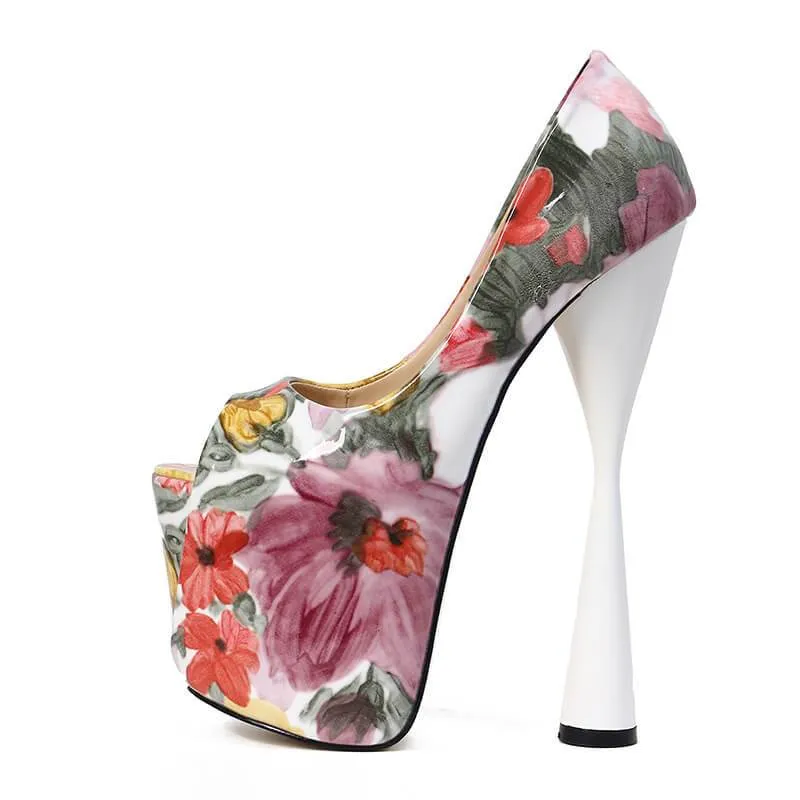 Fashion Flower Print Peep Toe PU Platform Pumps