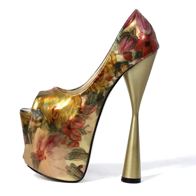 Fashion Flower Print Peep Toe PU Platform Pumps