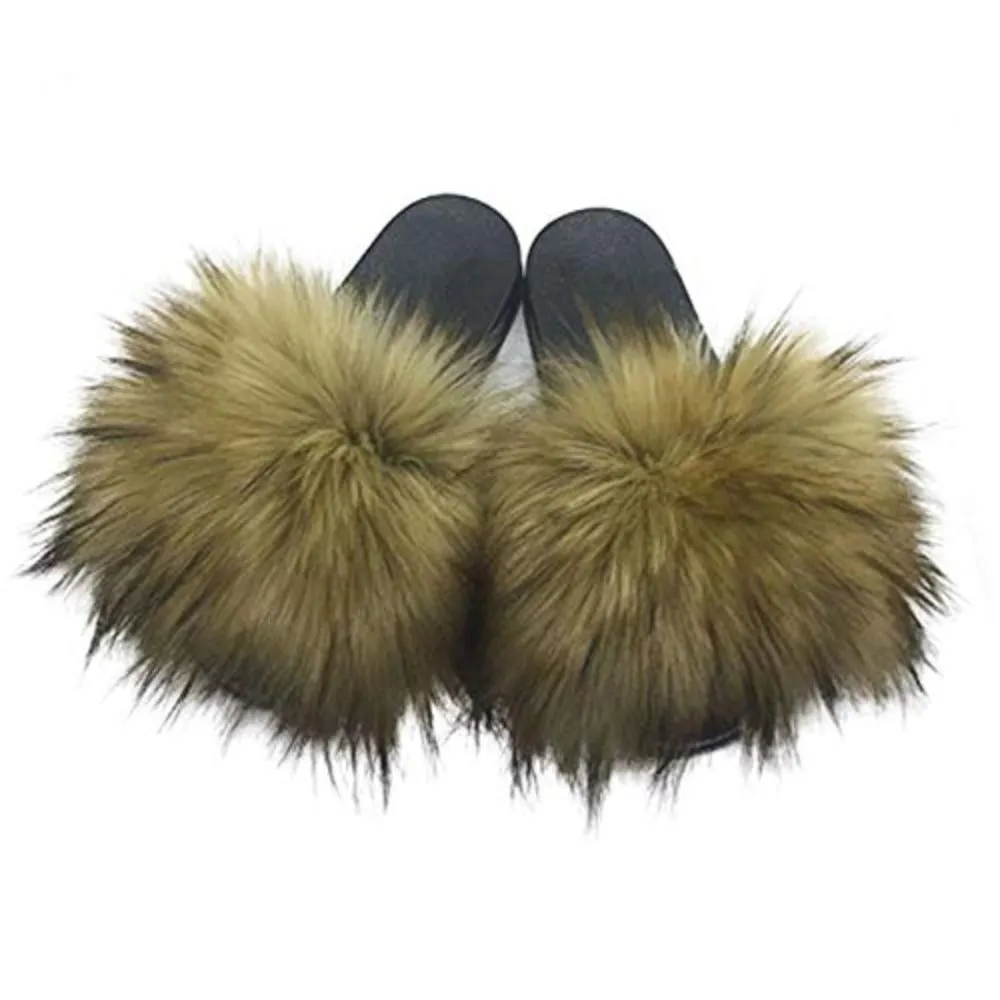 Faux Fur Slippers Fluffy Fuzzy Sandals Open Toe Slides Flip Flop