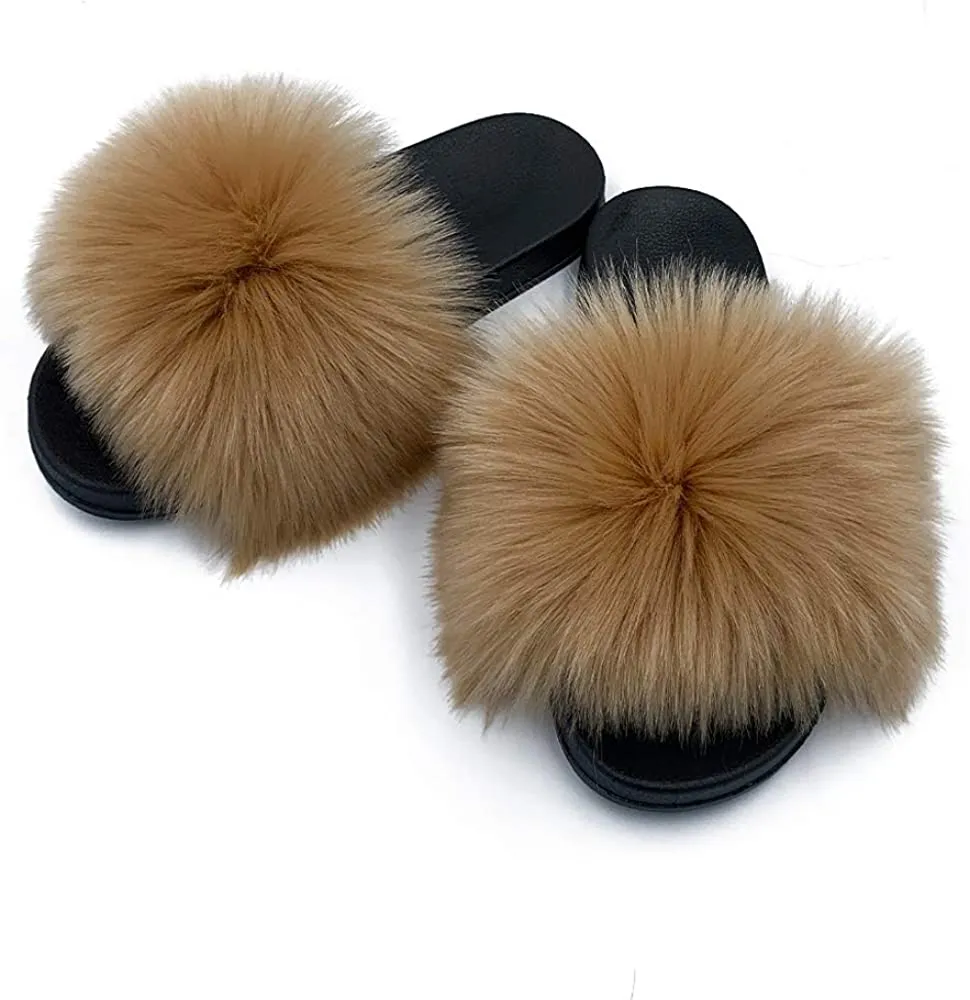 Faux Fur Slippers Fluffy Fuzzy Sandals Open Toe Slides Flip Flop