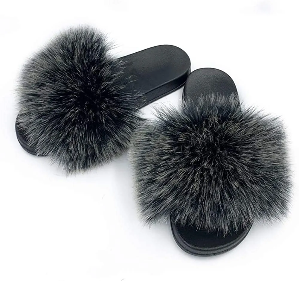 Faux Fur Slippers Fluffy Fuzzy Sandals Open Toe Slides Flip Flop
