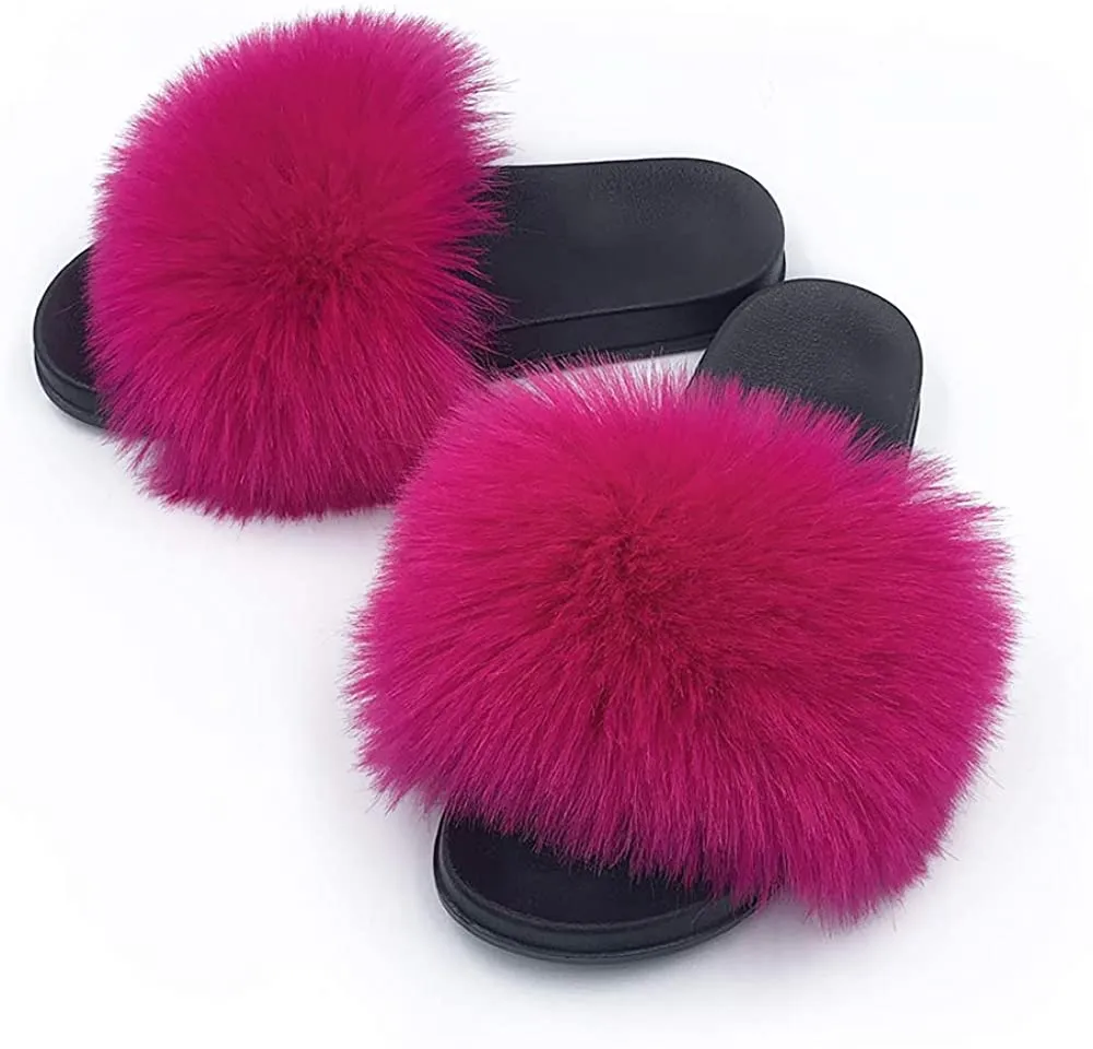 Faux Fur Slippers Fluffy Fuzzy Sandals Open Toe Slides Flip Flop
