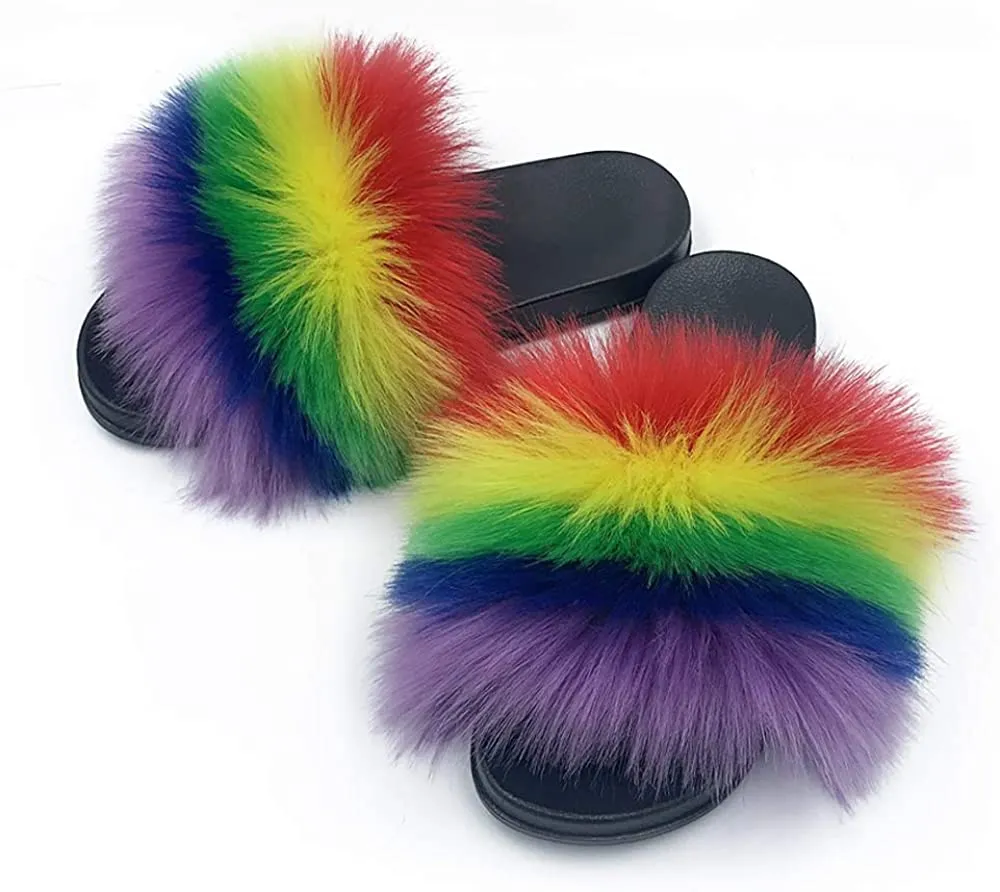 Faux Fur Slippers Fluffy Fuzzy Sandals Open Toe Slides Flip Flop