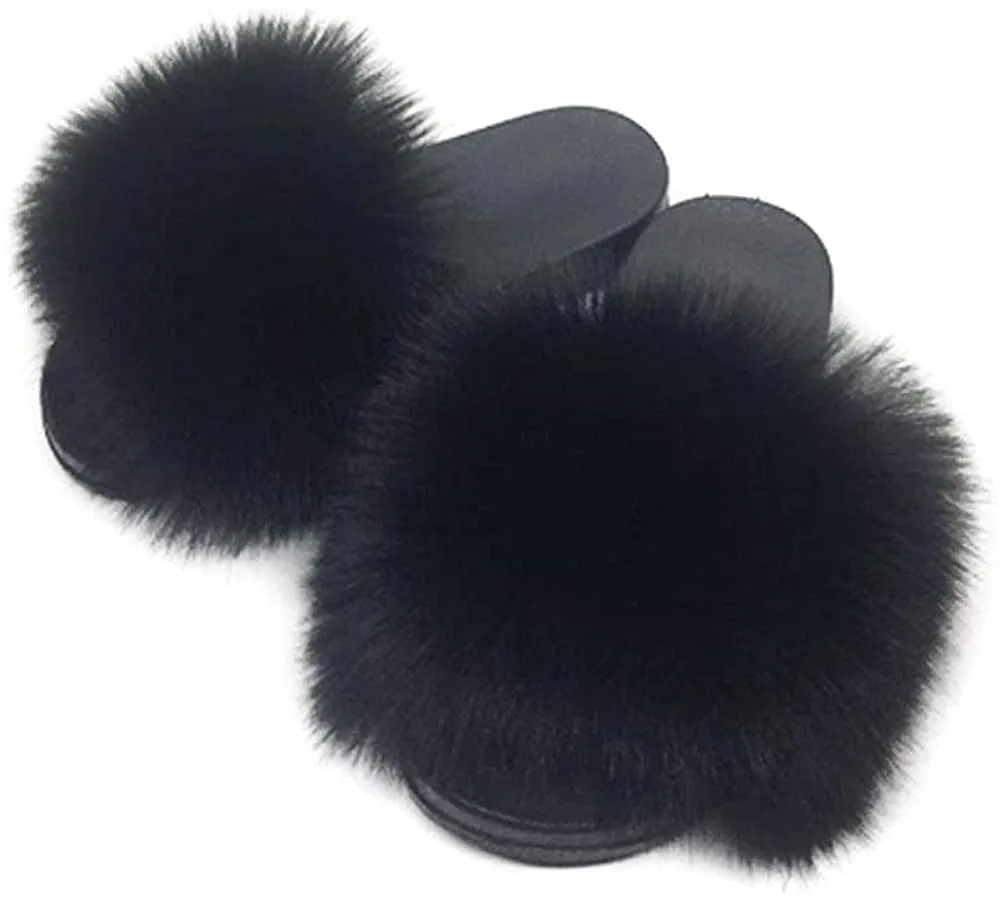 Faux Fur Slippers Fluffy Fuzzy Sandals Open Toe Slides Flip Flop