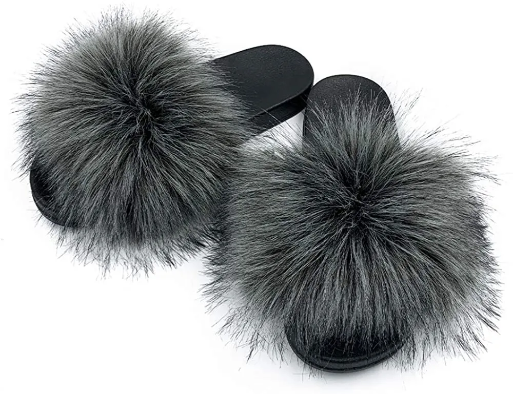 Faux Fur Slippers Fluffy Fuzzy Sandals Open Toe Slides Flip Flop