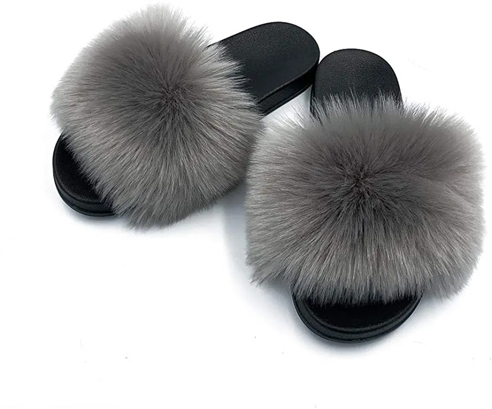 Faux Fur Slippers Fluffy Fuzzy Sandals Open Toe Slides Flip Flop