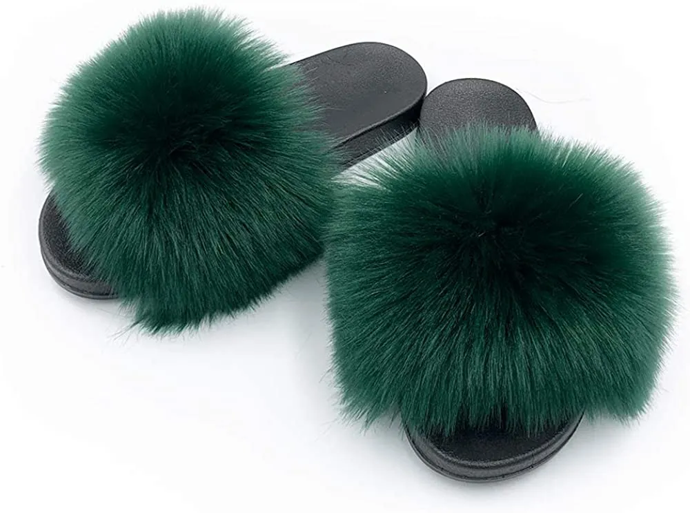 Faux Fur Slippers Fluffy Fuzzy Sandals Open Toe Slides Flip Flop