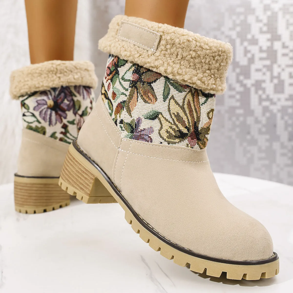 Floral Embroidered Winter Snow Boots – Ethnic Style with Warm Plush Lining