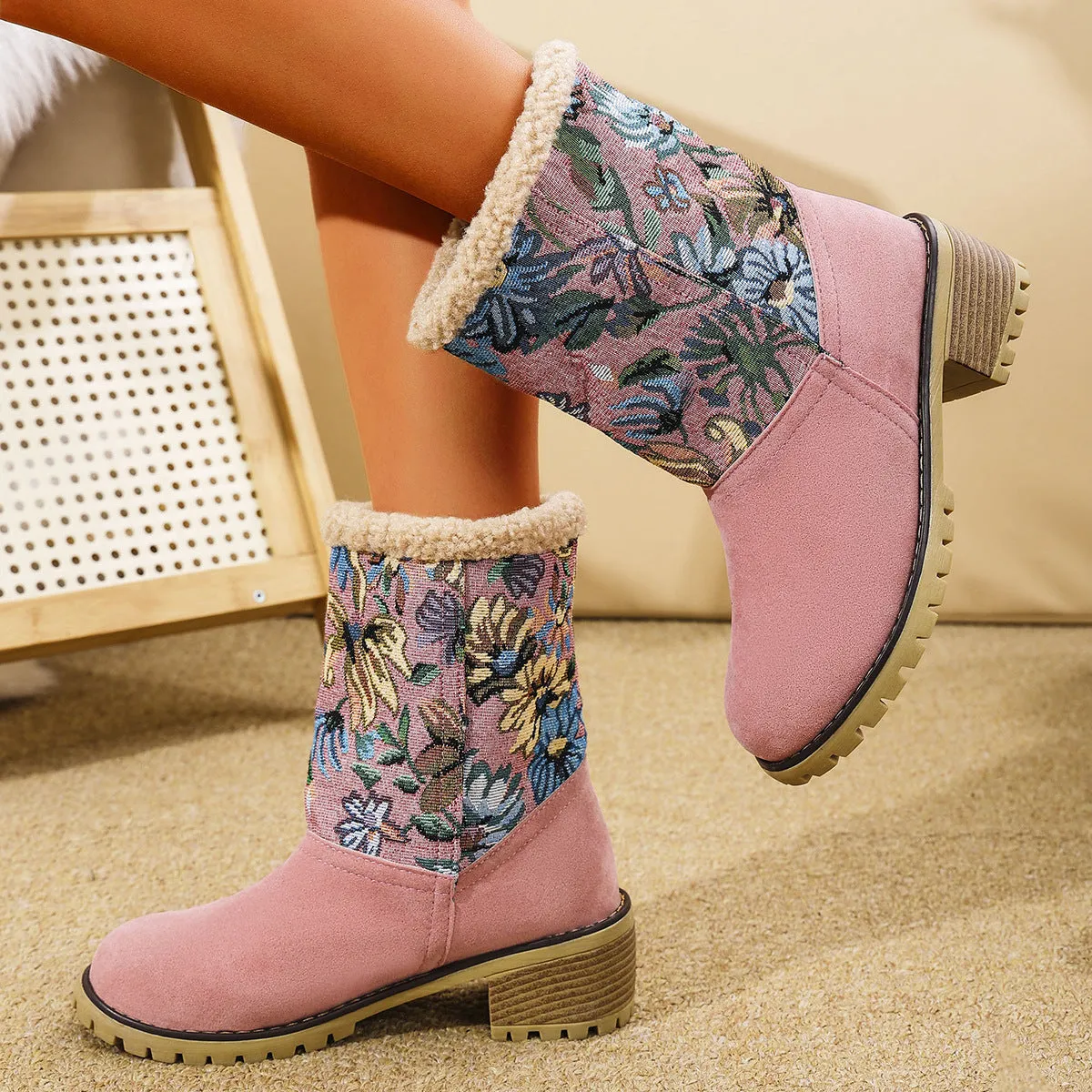 Floral Embroidered Winter Snow Boots – Ethnic Style with Warm Plush Lining
