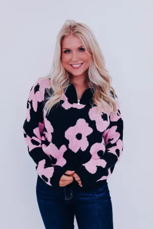 Floral Zip Front Pullover - Black/Pink