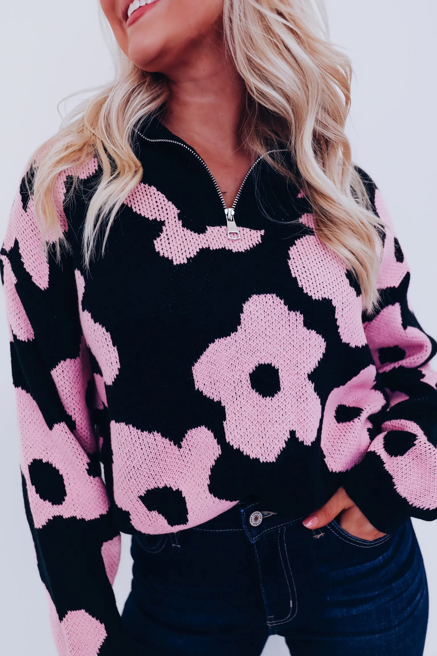 Floral Zip Front Pullover - Black/Pink