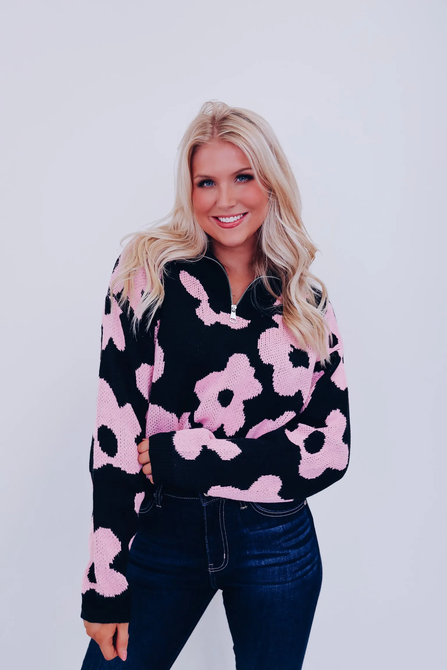Floral Zip Front Pullover - Black/Pink