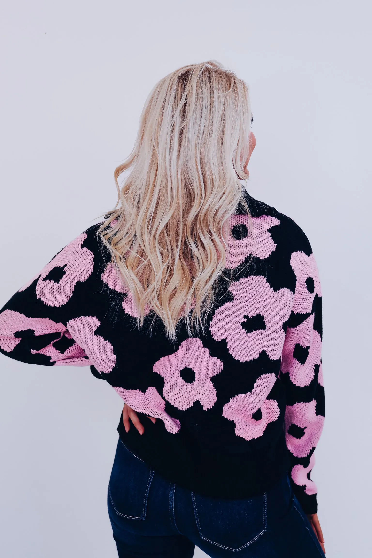 Floral Zip Front Pullover - Black/Pink