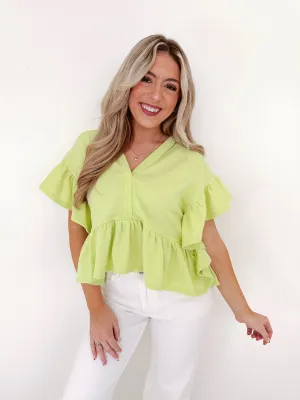 Frilly Flutter Sleeve Cropped Hoodie - Pale Lime Green