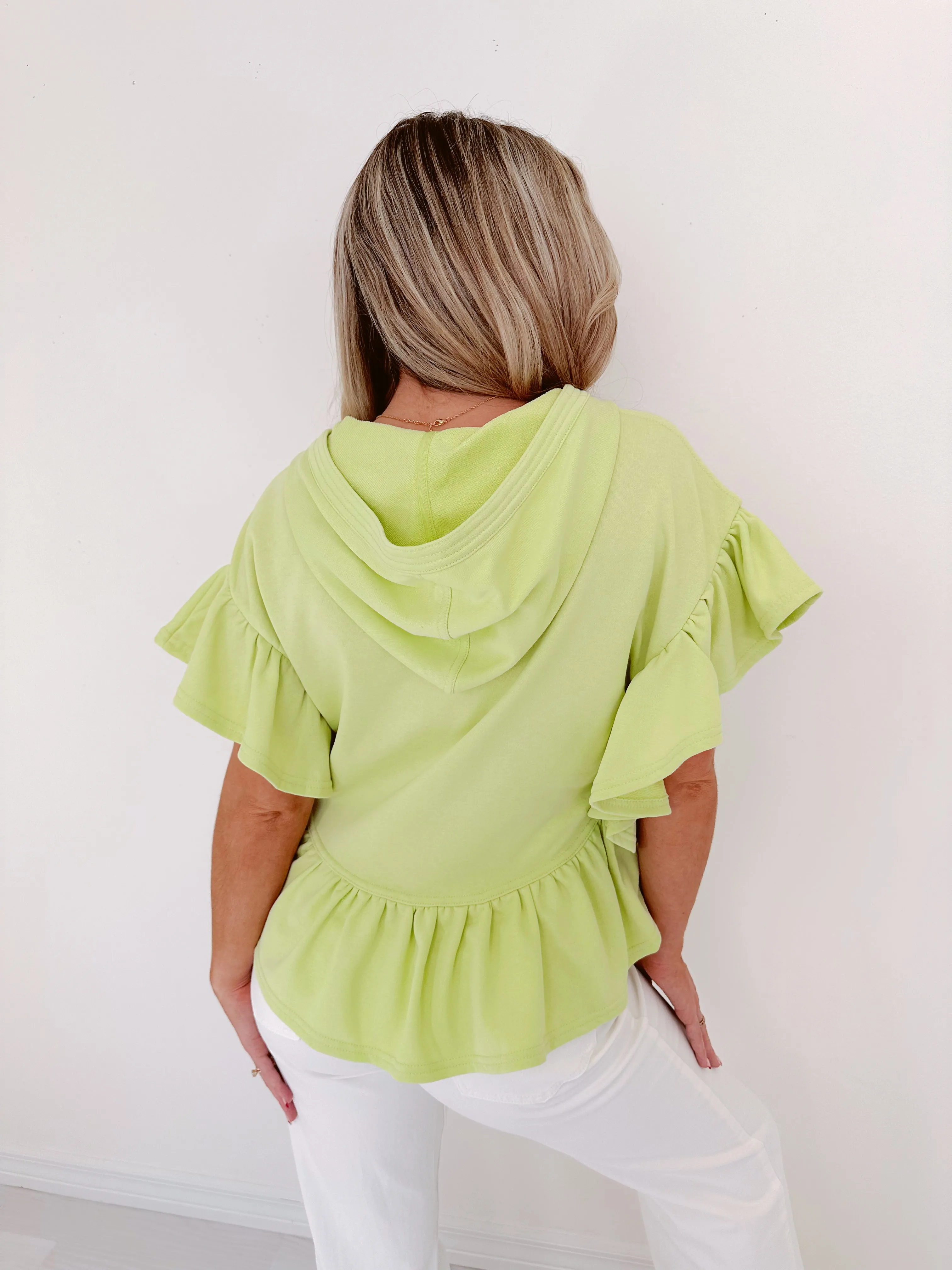 Frilly Flutter Sleeve Cropped Hoodie - Pale Lime Green