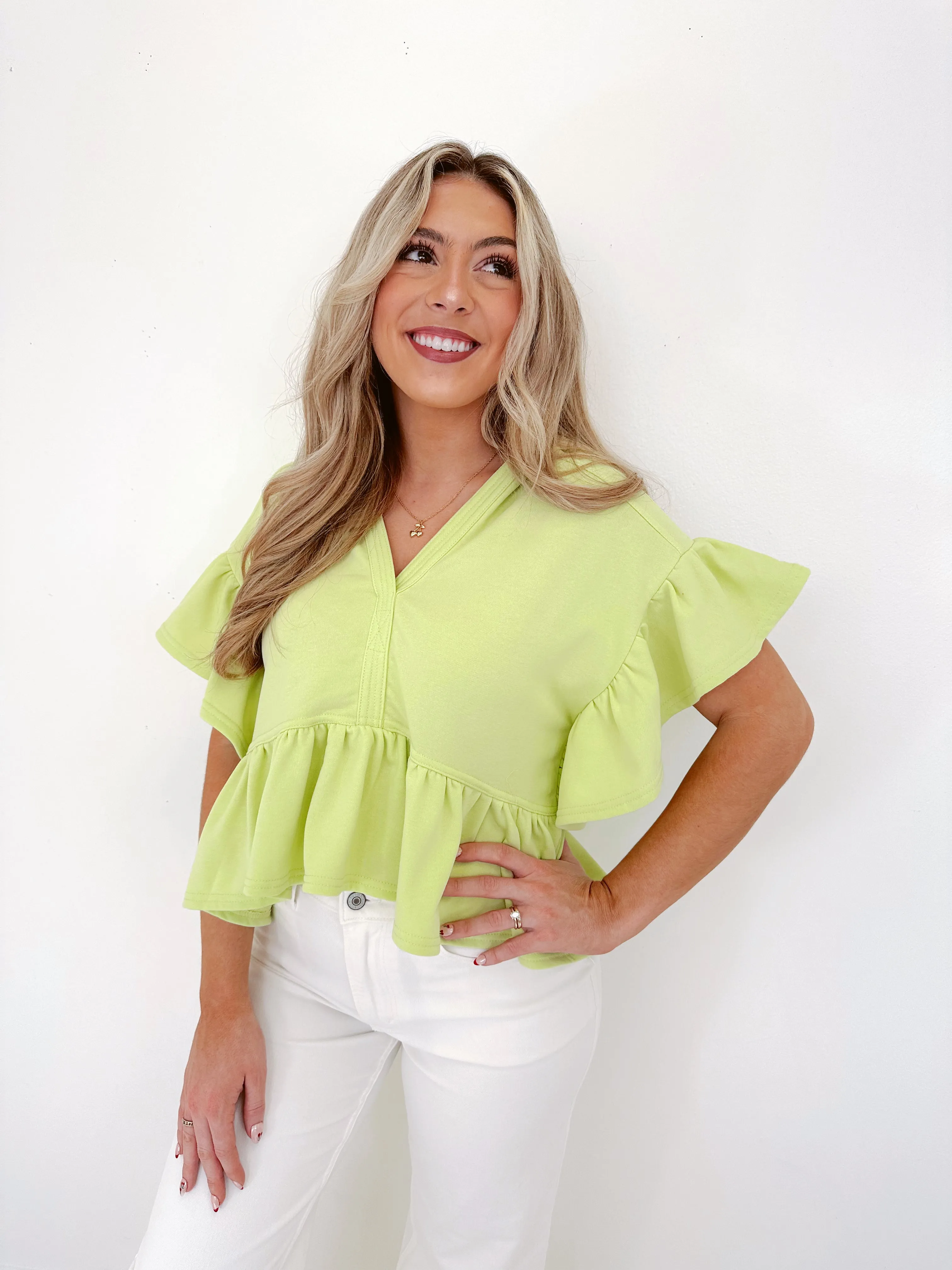 Frilly Flutter Sleeve Cropped Hoodie - Pale Lime Green