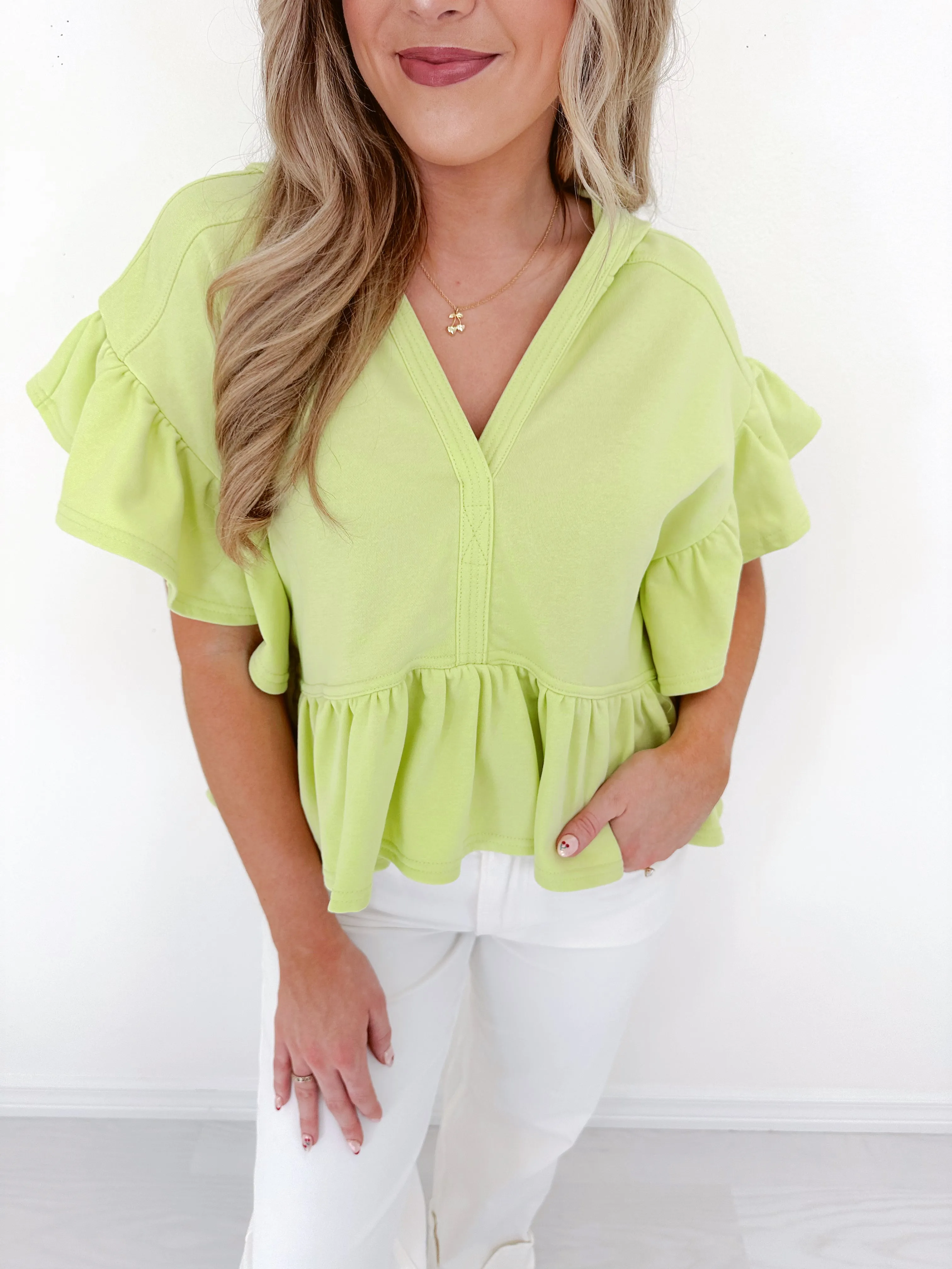 Frilly Flutter Sleeve Cropped Hoodie - Pale Lime Green