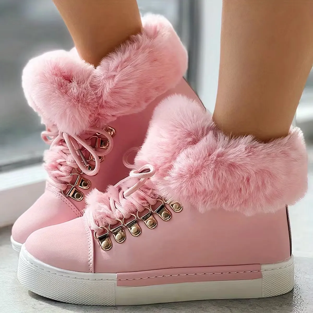 Furry warm lace-up platform snow booties