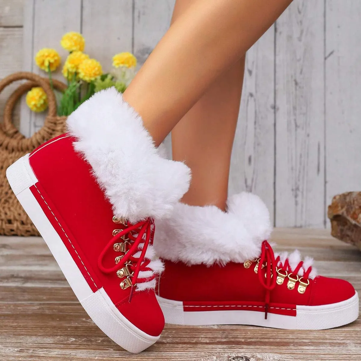 Furry warm lace-up platform snow booties