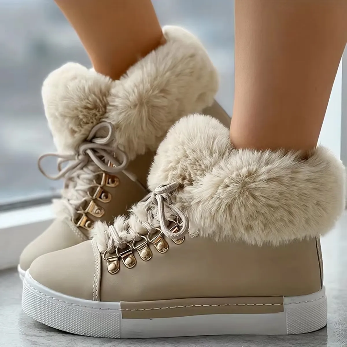 Furry warm lace-up platform snow booties