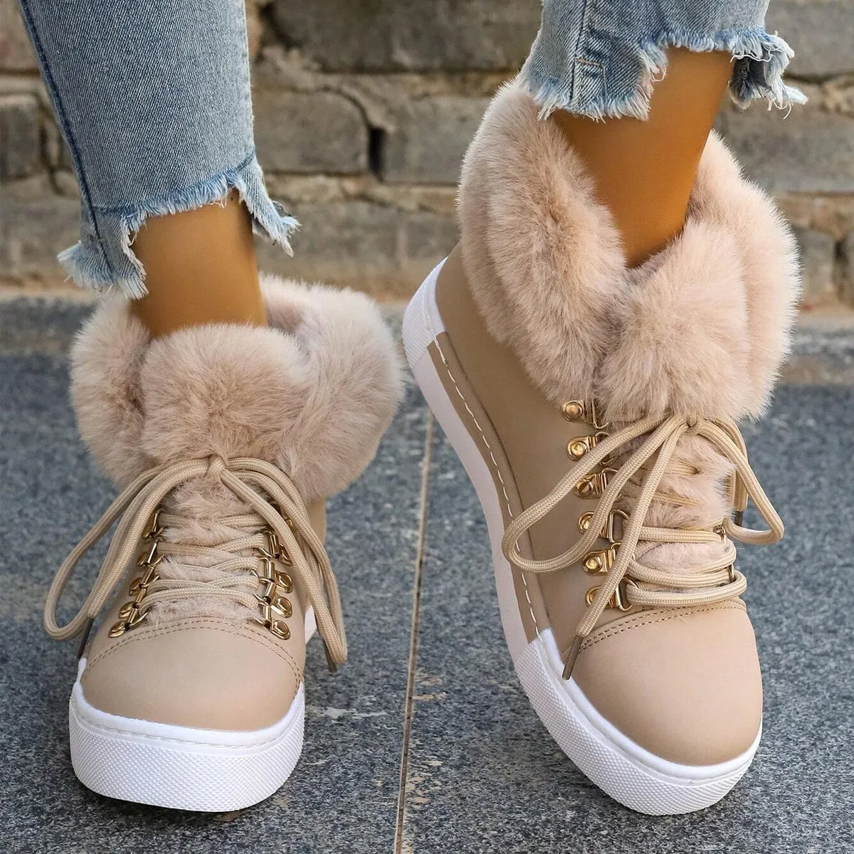 Furry warm lace-up platform snow booties