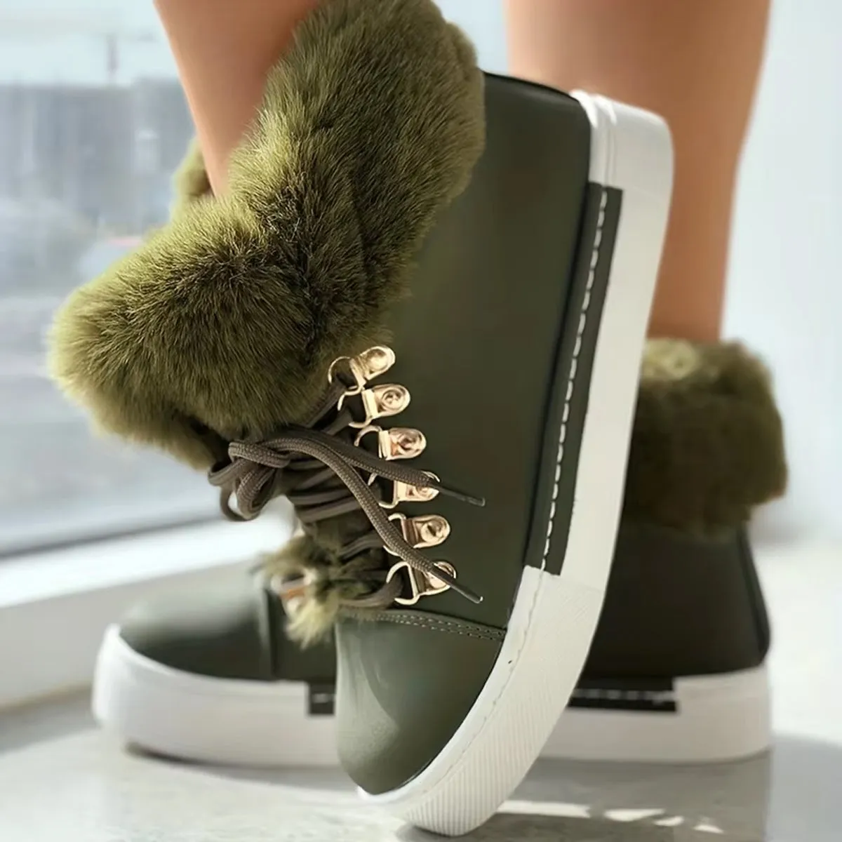 Furry warm lace-up platform snow booties
