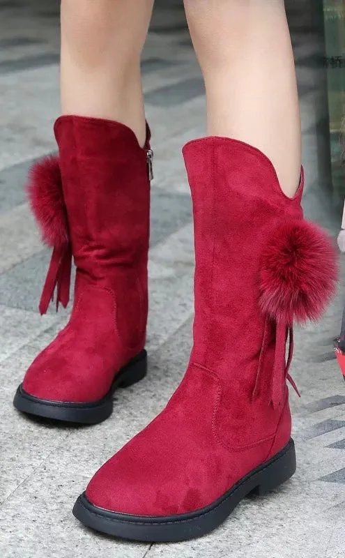 Girl's Velvet Boots With Bowtie Autumn and Winter Warm Boots Soft