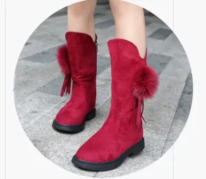 Girl's Velvet Boots With Bowtie Autumn and Winter Warm Boots Soft