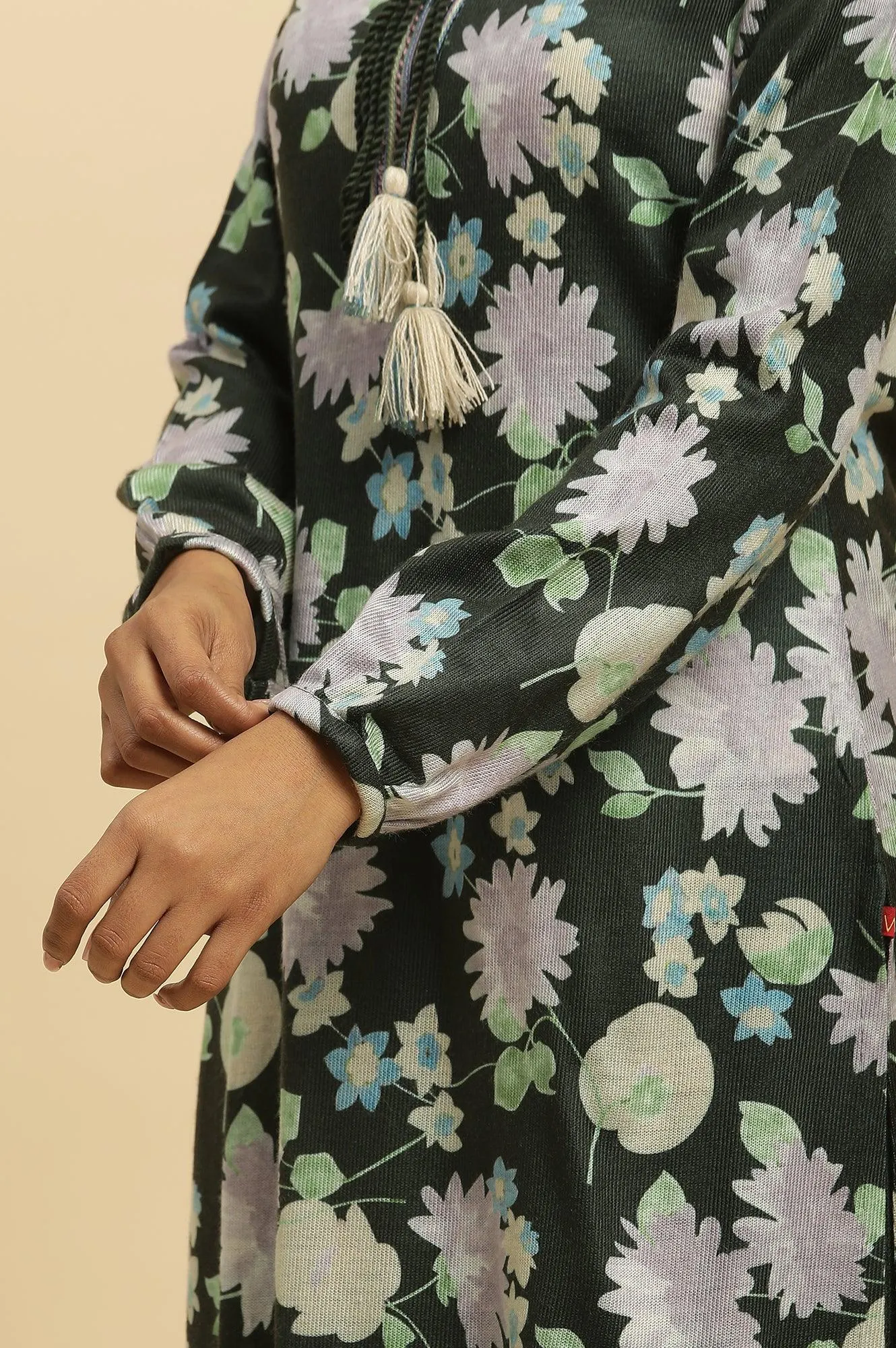 Green Floral Printed Winter Kurta And Tights Set
