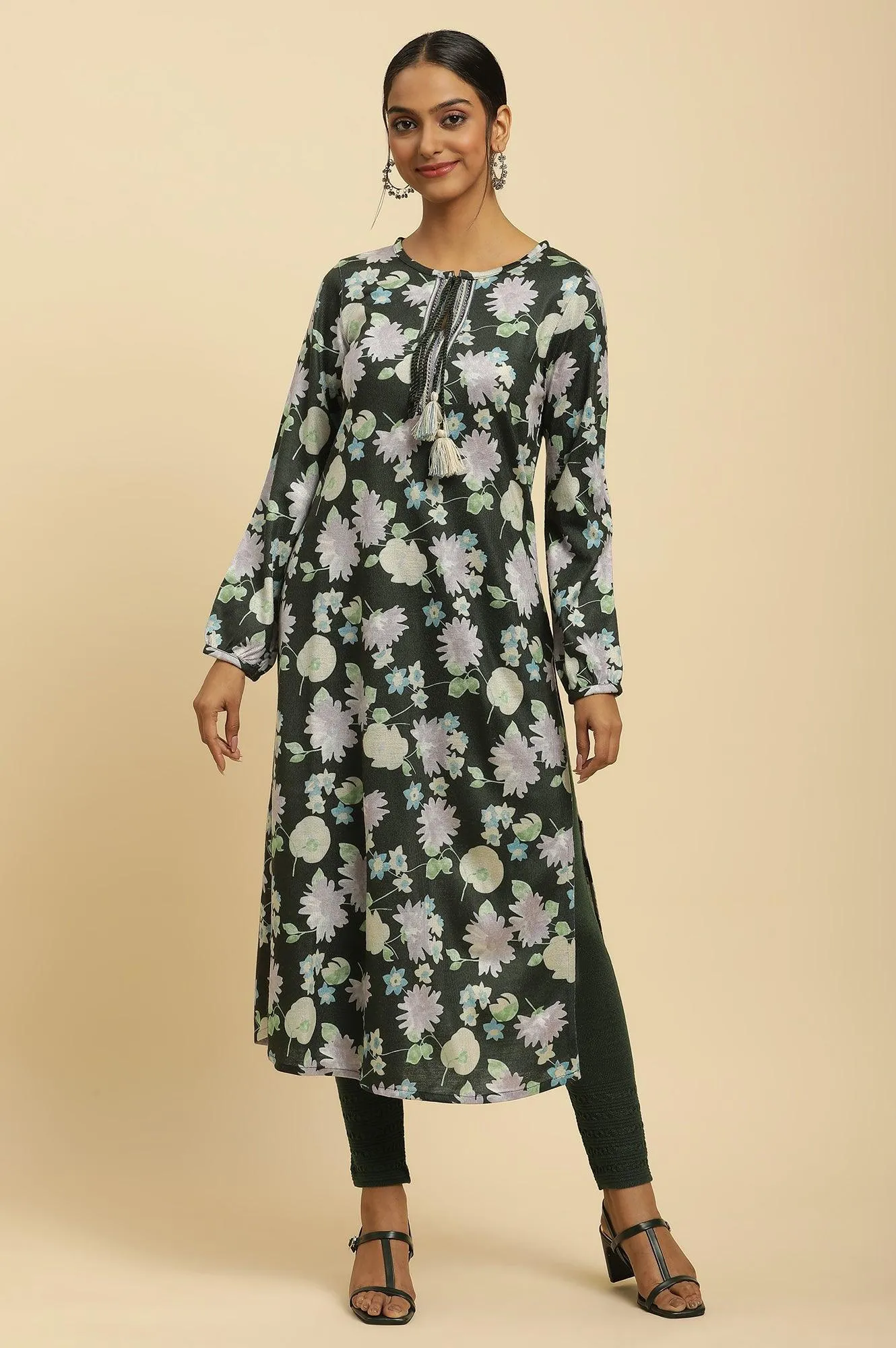 Green Floral Printed Winter Kurta And Tights Set