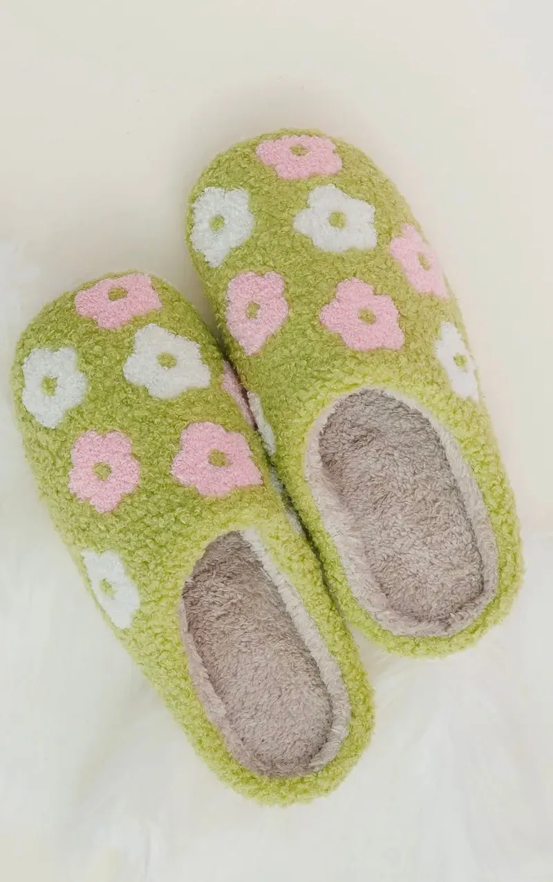 Green Floral Sherpa Slippers