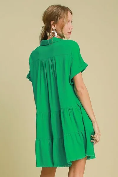 Green Raw Hem Folded Sleeve Tiered Dress