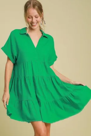 Green Raw Hem Folded Sleeve Tiered Dress
