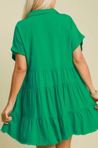 Green Raw Hem Folded Sleeve Tiered Dress