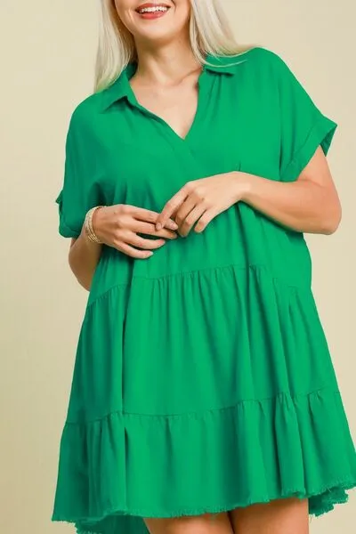 Green Raw Hem Folded Sleeve Tiered Dress