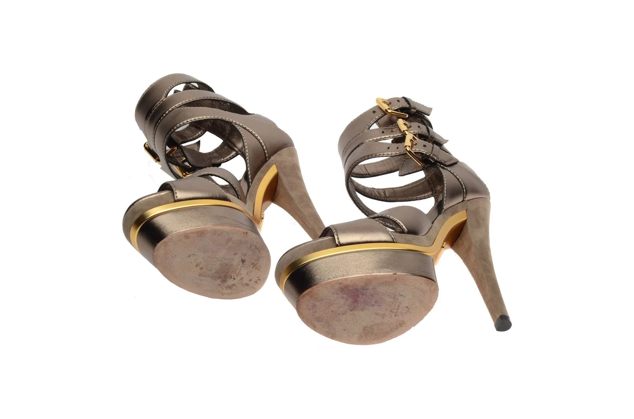 Gucci - Iman  Bronze Platform Pumps with Suede Heel and Ankle Straps - IT 38