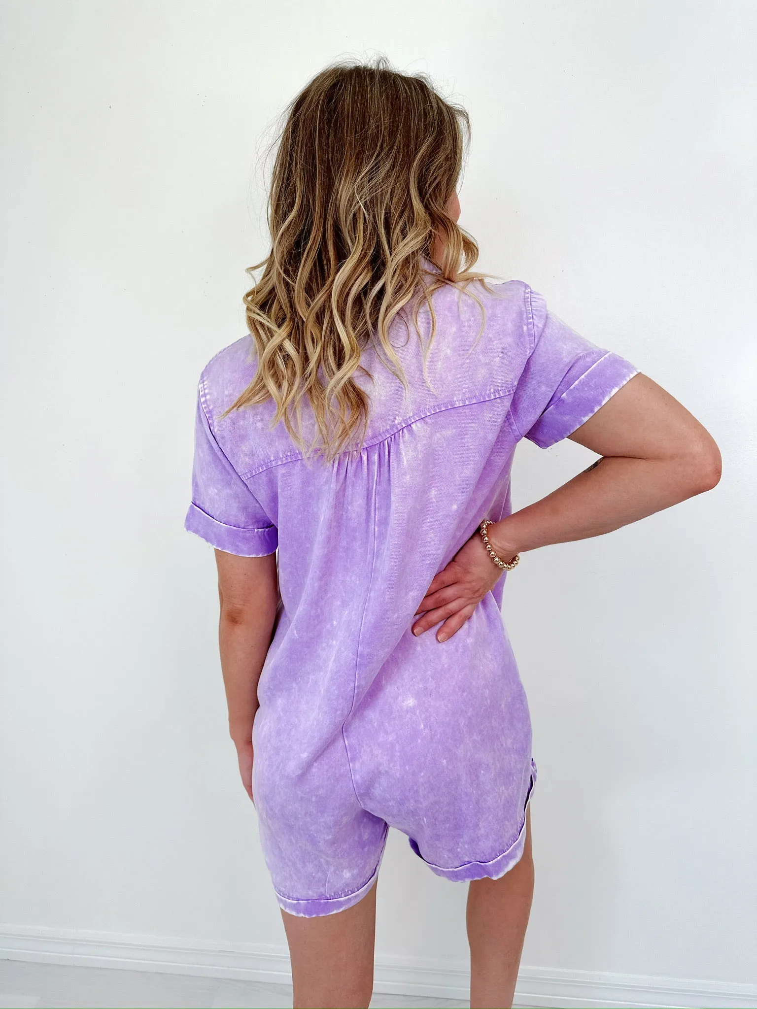 Halle Half Button Pocketed Romper - Lavender
