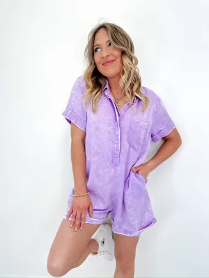 Halle Half Button Pocketed Romper - Lavender