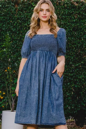 Hazel Blues® |  ODDI Washed Smocked Puff Sleeve Dress