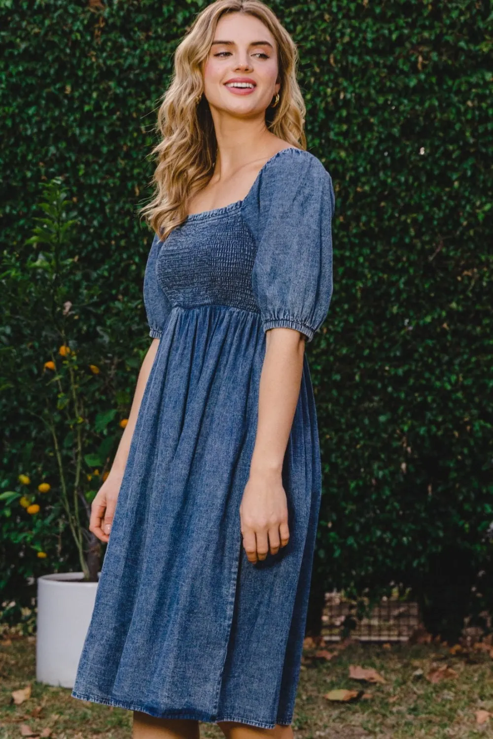 Hazel Blues® |  ODDI Washed Smocked Puff Sleeve Dress