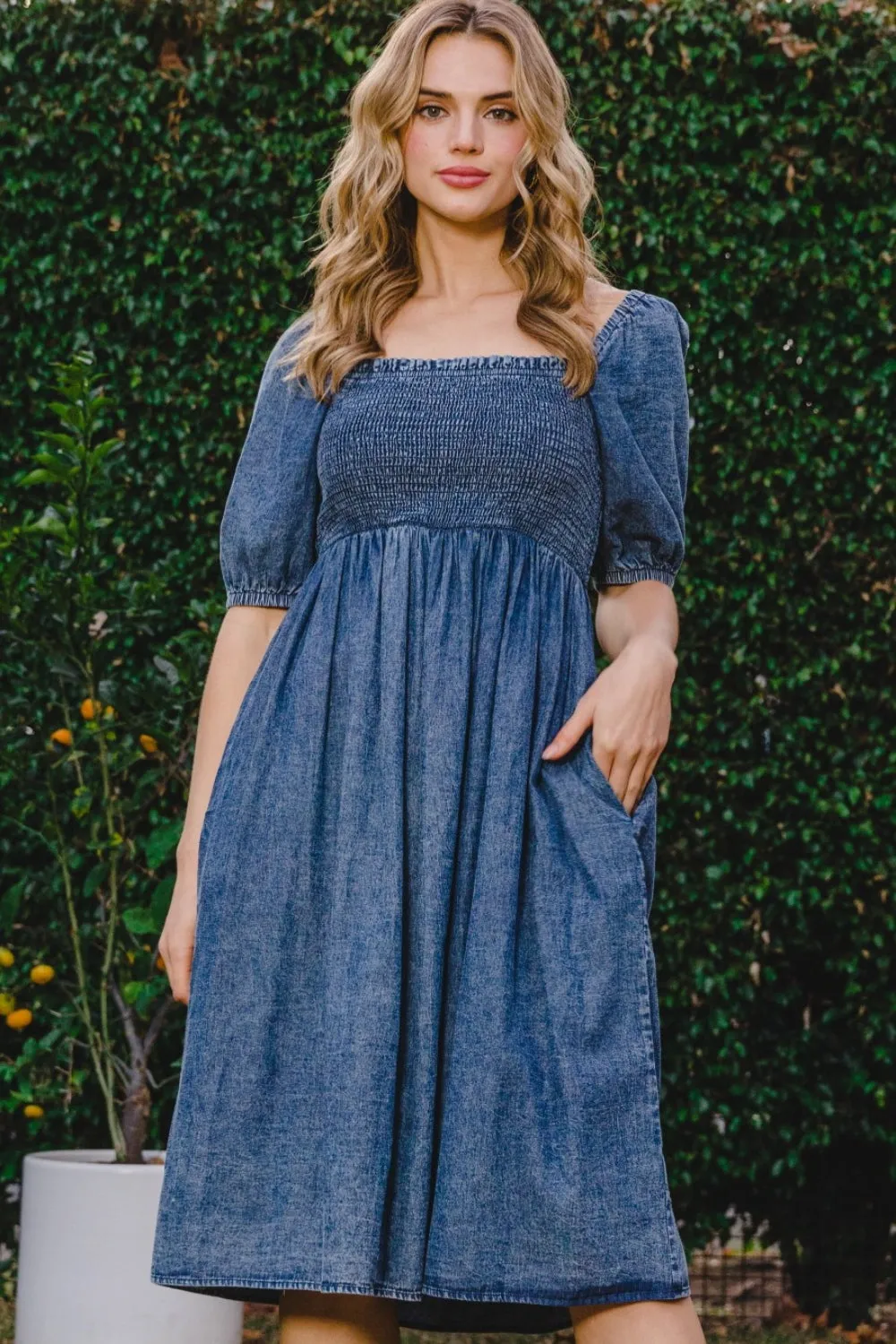 Hazel Blues® |  ODDI Washed Smocked Puff Sleeve Dress