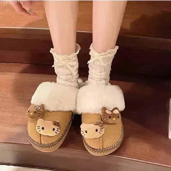 Hello Kitty Fuzzy Brown Winter Slippers