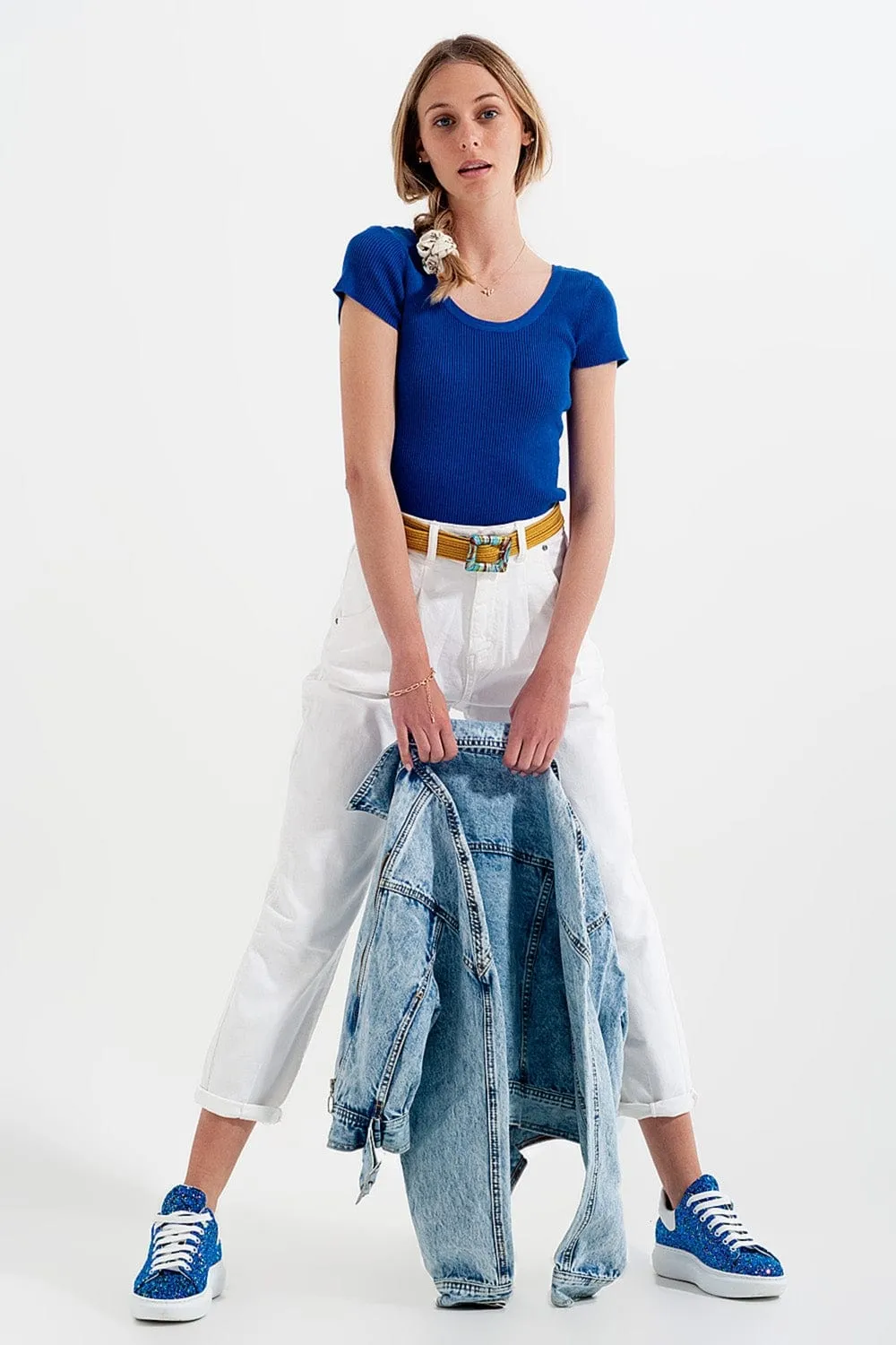 High Rise Mom Jeans With Pleat Front In White