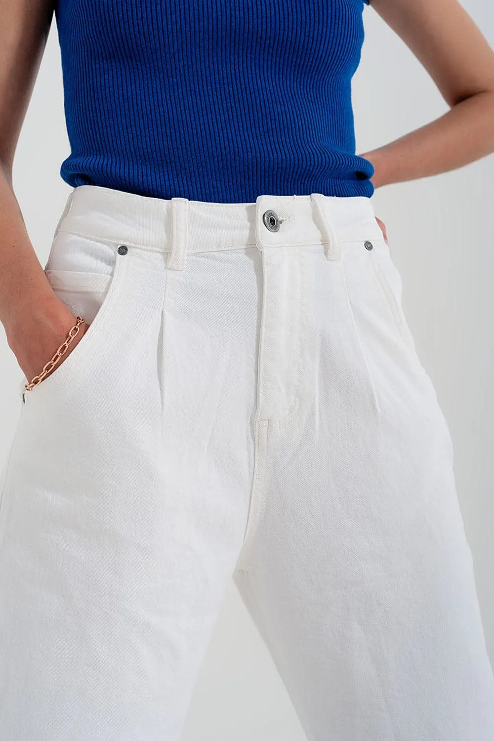 High Rise Mom Jeans With Pleat Front In White