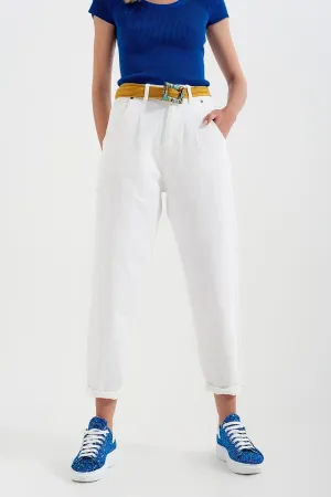 High Rise Mom Jeans With Pleat Front In White